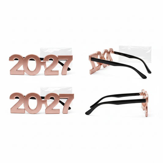 Champagne rose gold 2027 novelty party glasses shown from front, folded three-quarter and side views on a white background