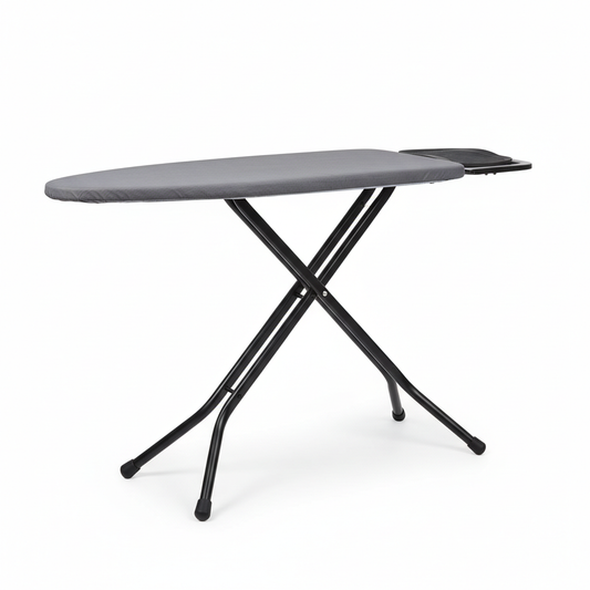 Hotel ironing board with folding legs and heat-resistant cover on white background