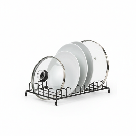 Kitchen lid and plate storage rack holding dinner plates and glass pot lids vertically on pure white background