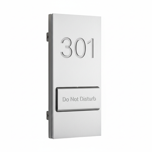 Brushed silver metal hotel door information sign with engraved room number 301 in modern sans-serif font and Do Not Disturb flip panel below with wall-mount screw fitting on white background, custom hospitality guestroom door signage