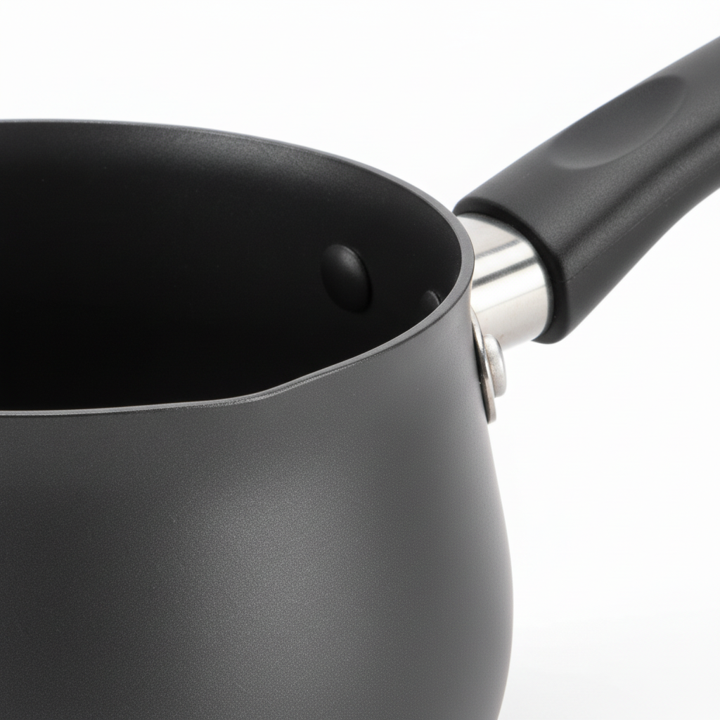 Macro detail of precision pouring spout rim, smooth interior coating, and riveted handle bracket