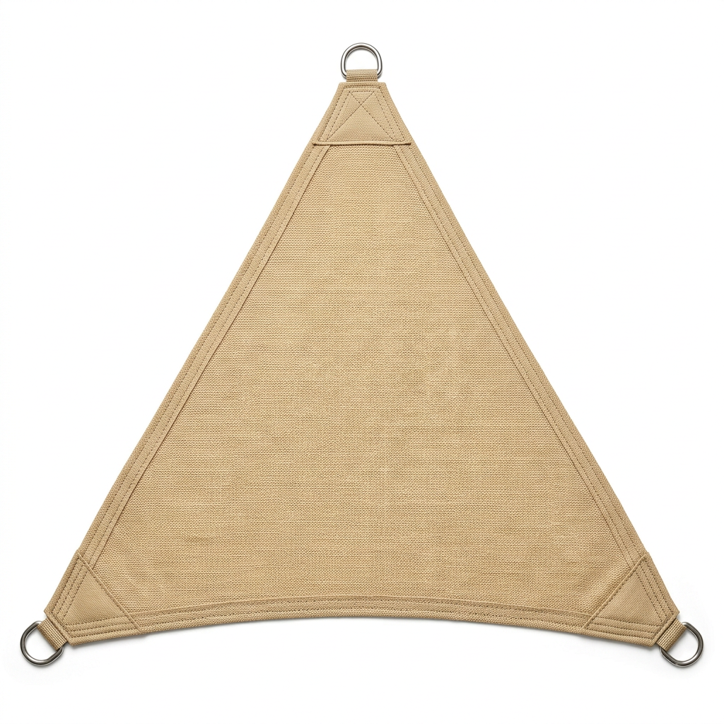 Outdoor shade sail canopy on a pure white background showing curved edges, reinforced webbing border, and stainless steel D-rings