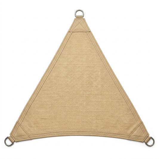 Outdoor shade sail canopy on a pure white background showing curved edges, reinforced webbing border, and stainless steel D-rings