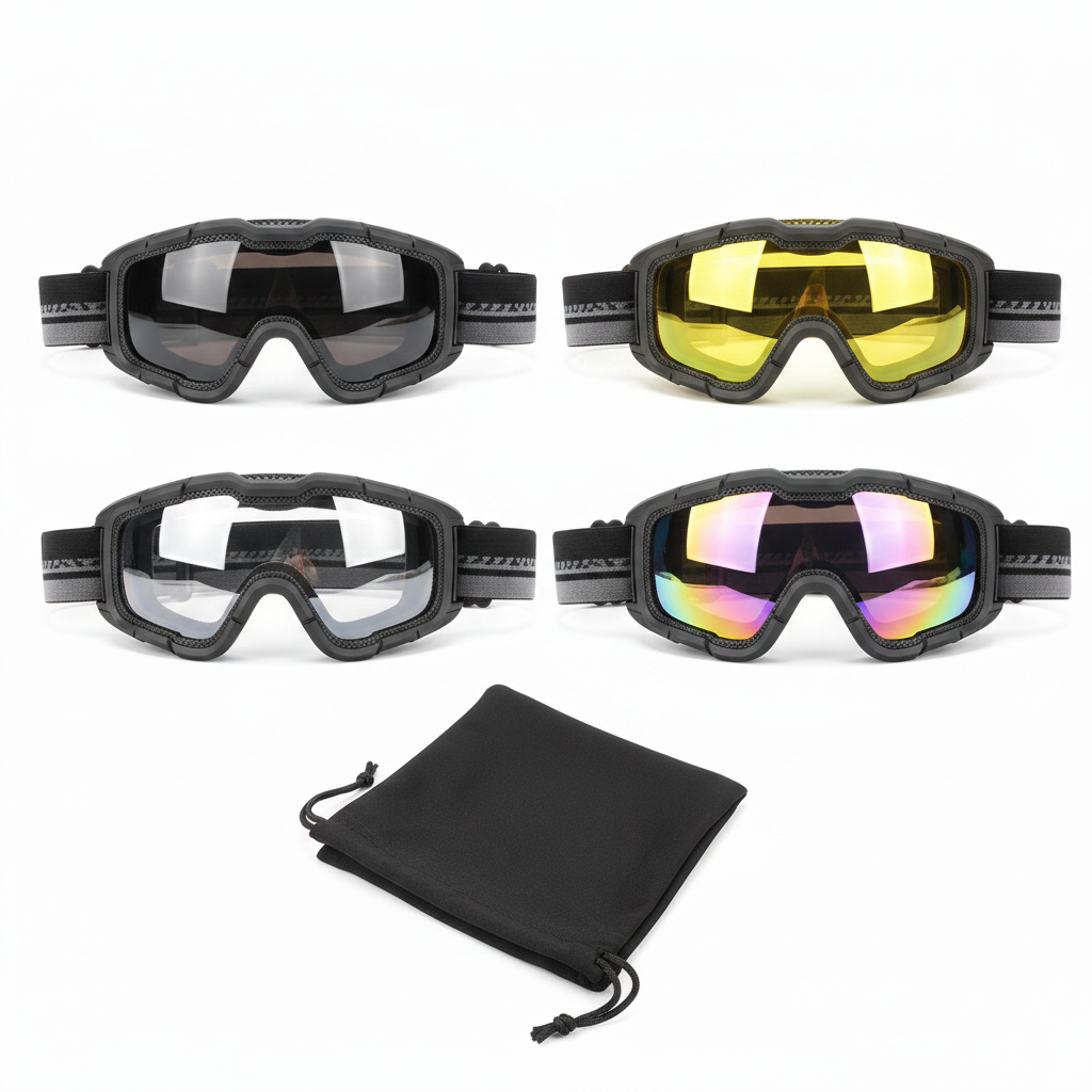 Assorted lens tint options of full-coverage outdoor protective goggles on white background