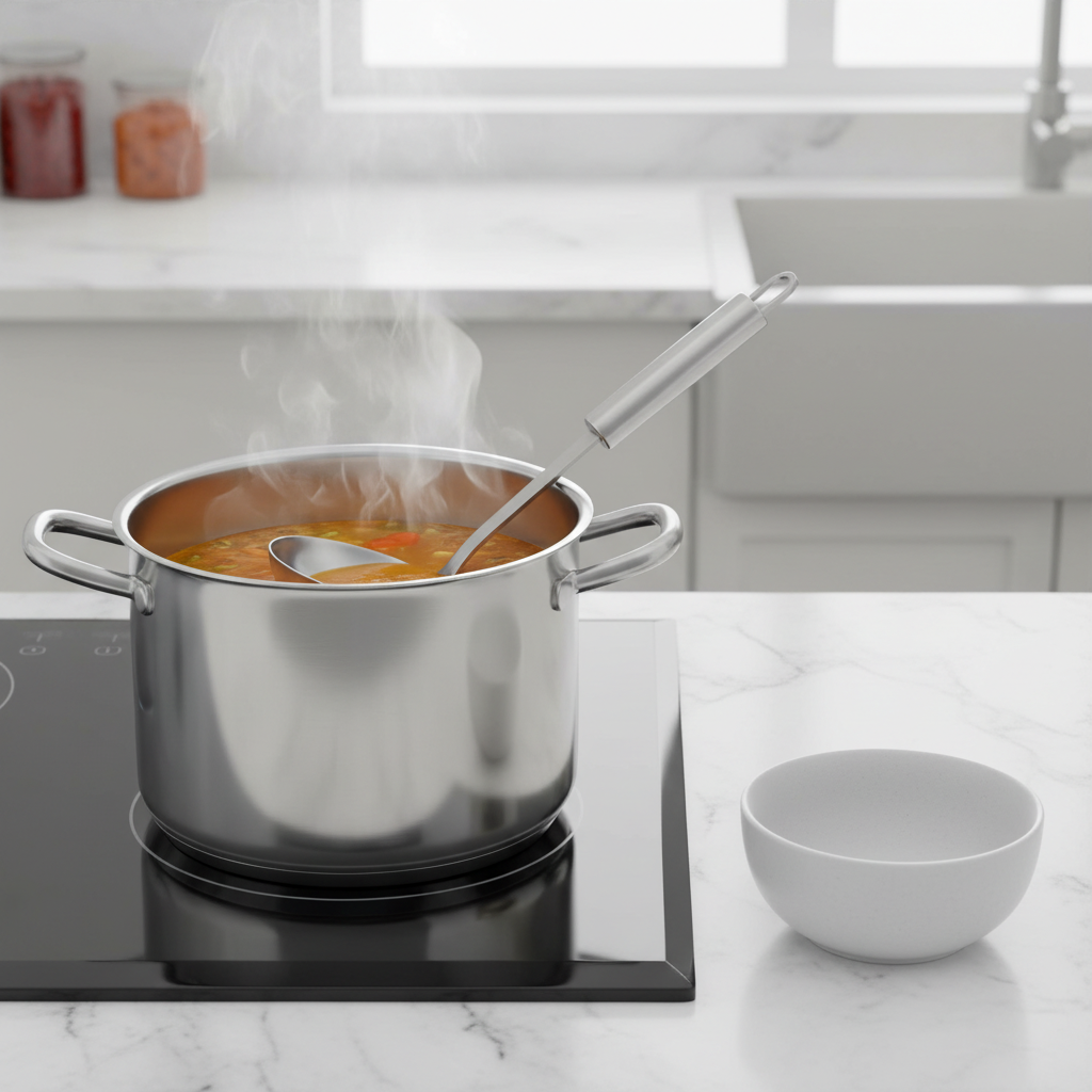 Stainless steel ladle resting in a soup pot simmering broth on induction cooktop in modern kitchen