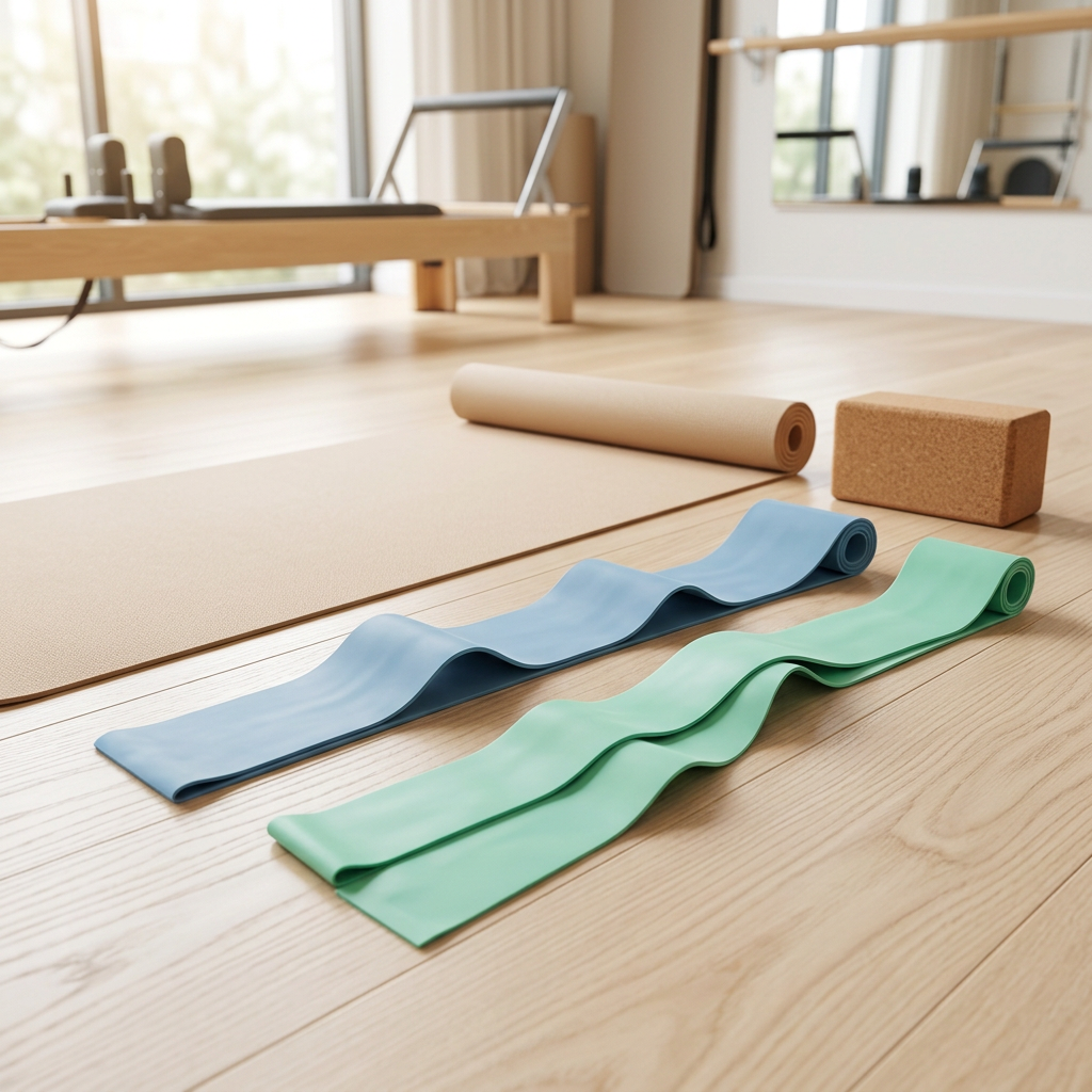 Long flat resistance bands arranged on a pilates studio floor next to a yoga mat