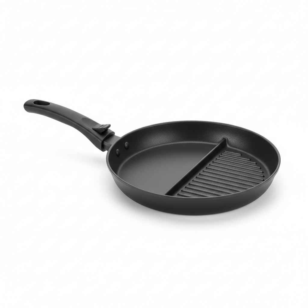 Non-stick grill and frying pan with removable handle attached on pure white background