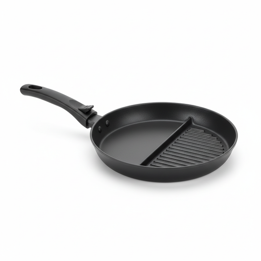 Non-stick grill and frying pan with removable handle attached on pure white background