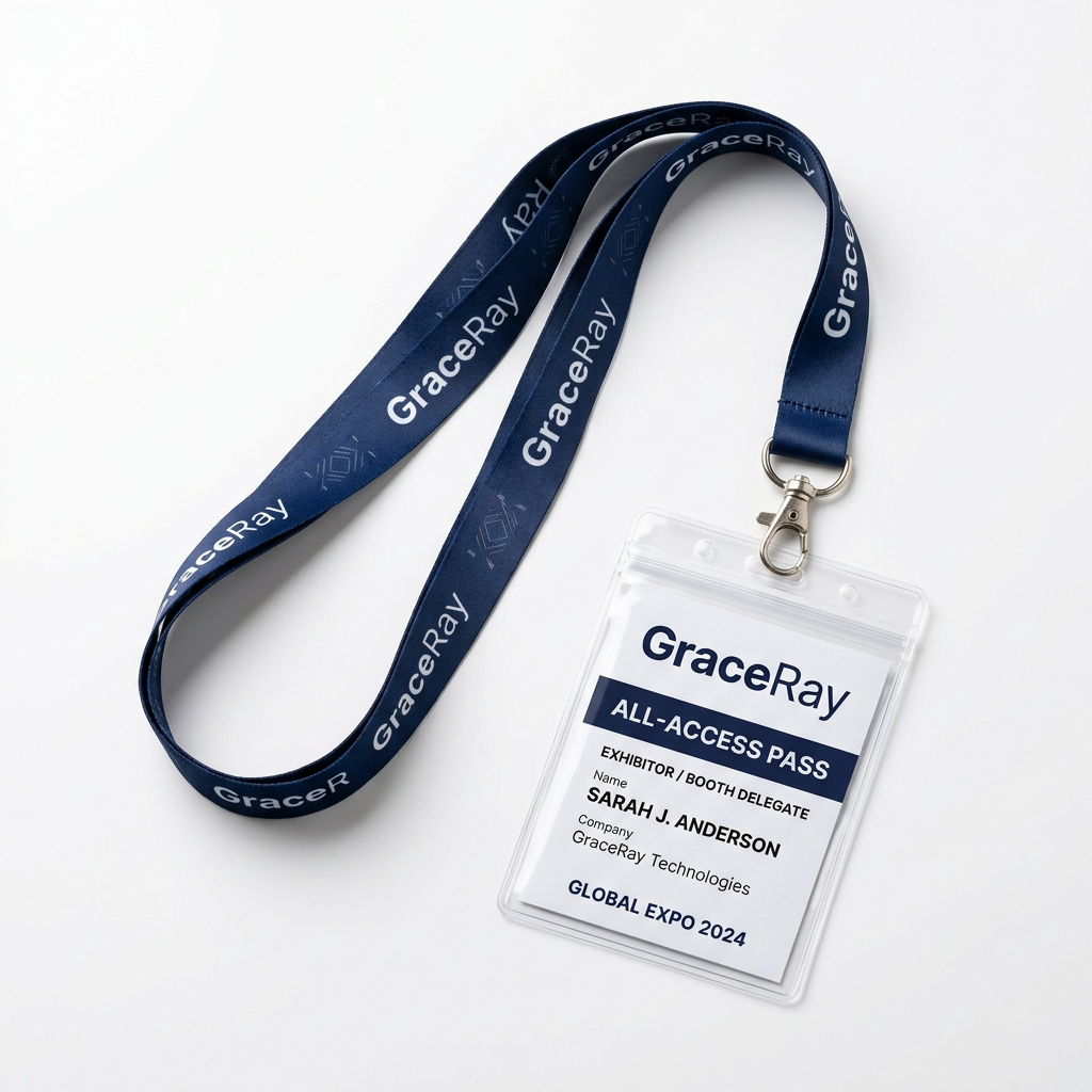Custom printed event lanyard with an attached badge holder displaying a generic attendee identification card.