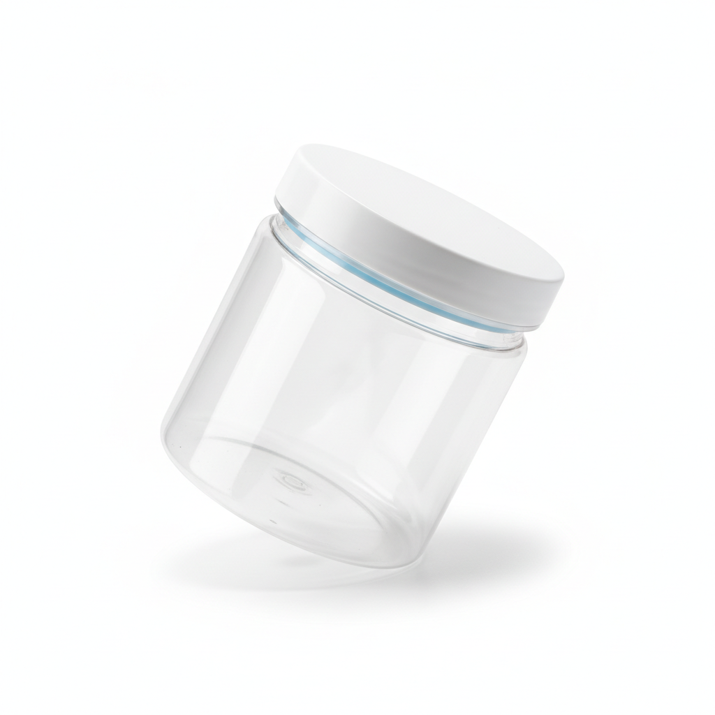 Round airtight clear food storage jar with white sealing lid on pure white background