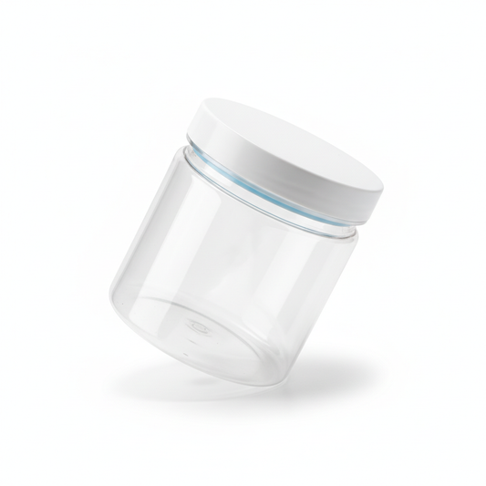 Round airtight clear food storage jar with white sealing lid on pure white background