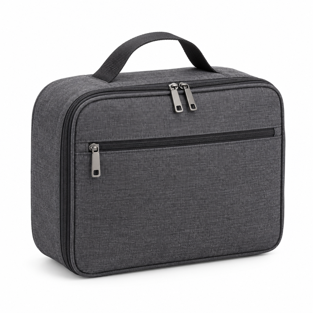 Charcoal heather gray travel toiletry bag with carry handle and zipper closure on white background