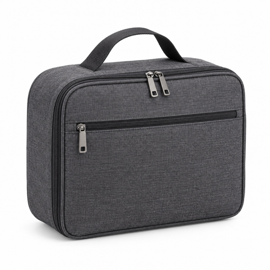 Charcoal heather gray travel toiletry bag with carry handle and zipper closure on white background