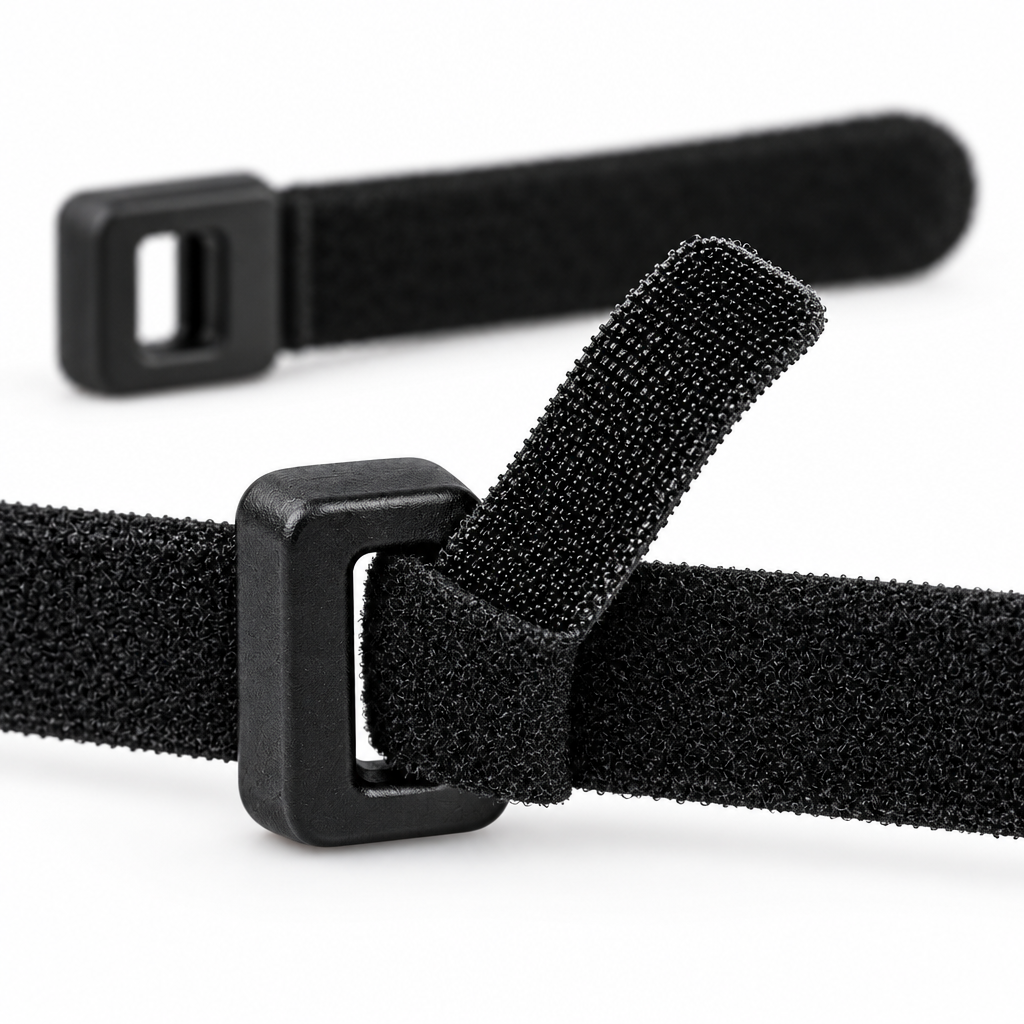 Close-up macro view of the slotted eyelet buckle head and micro-hook fastening surface of a black reusable cable tie on a pure white background