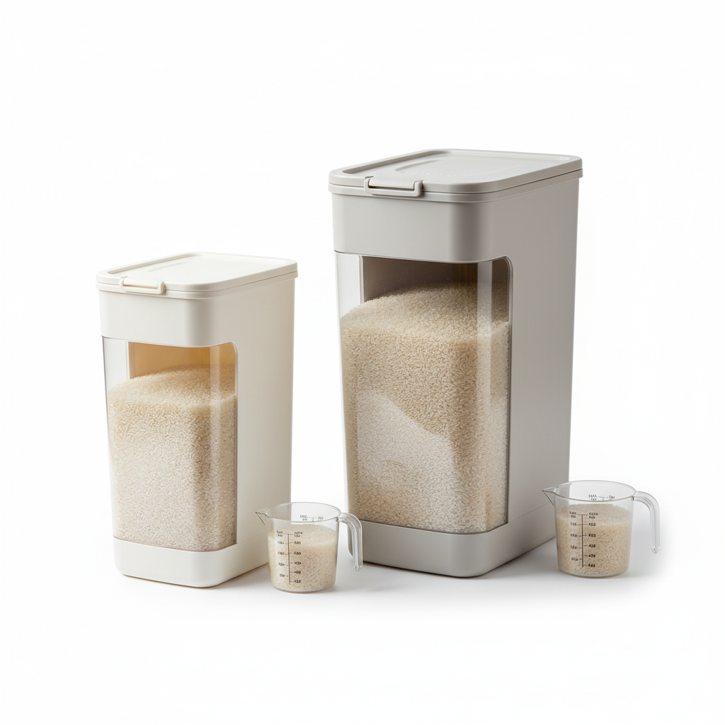 Upright rice storage containers in two sizes with measuring cups on pure white background