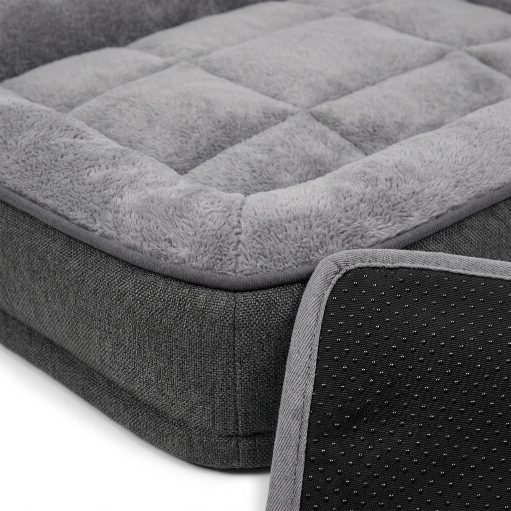 Close-up detail of box-quilted stitching, plush fabric texture, piped border, and anti-slip dotted backing