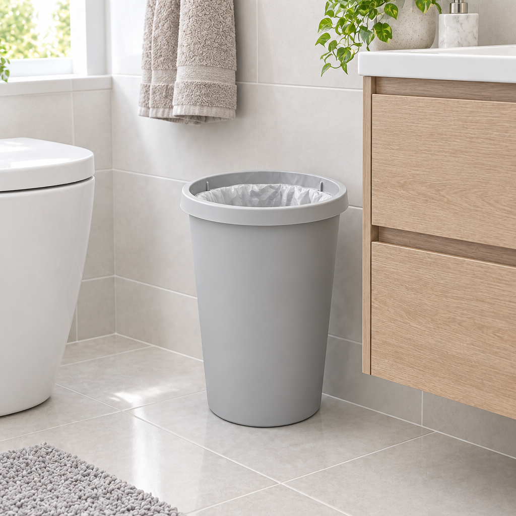 Plastic trash bin on ceramic tile floor beside modern bathroom vanity cabinet