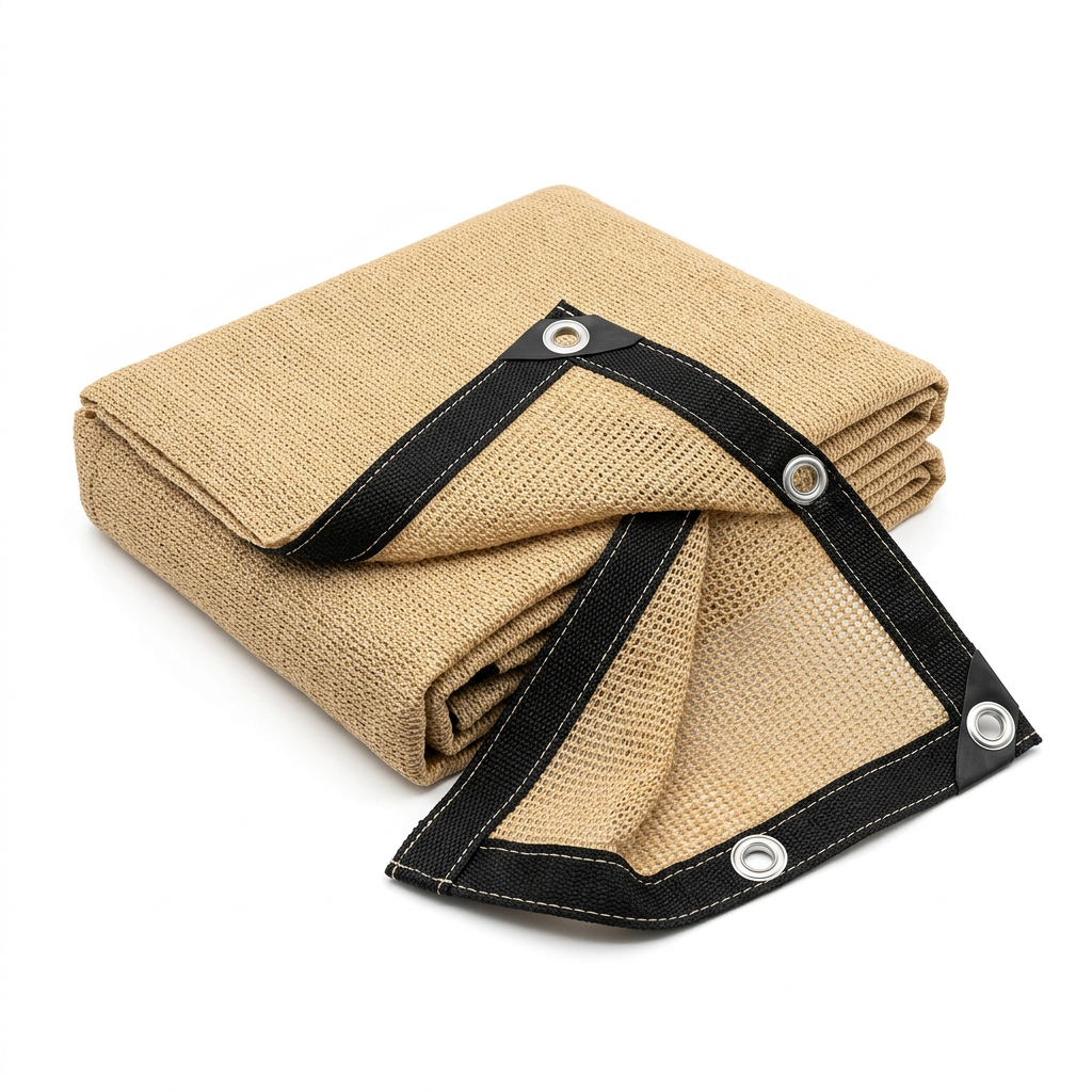 Sand-beige knitted HDPE outdoor shade net sheet with black webbing border and aluminum grommets on pure white background