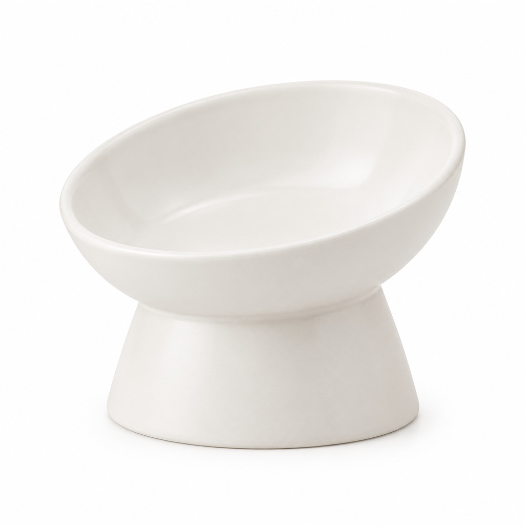Tilted shallow ceramic cat feeding bowl on pedestal base on pure white background