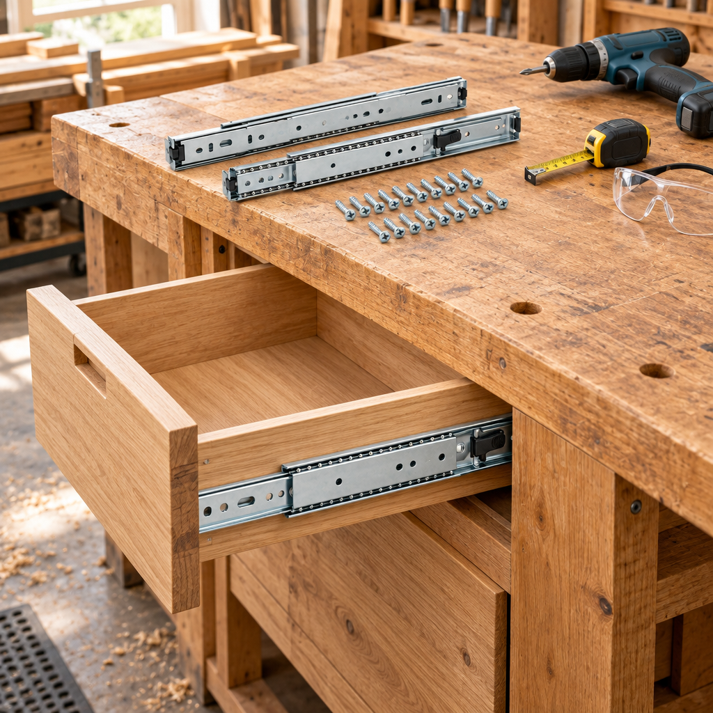 Heavy duty drawer slide mounted on the side of a wooden workshop cabinet supporting a smoothly extended drawer with cordless drill nearby