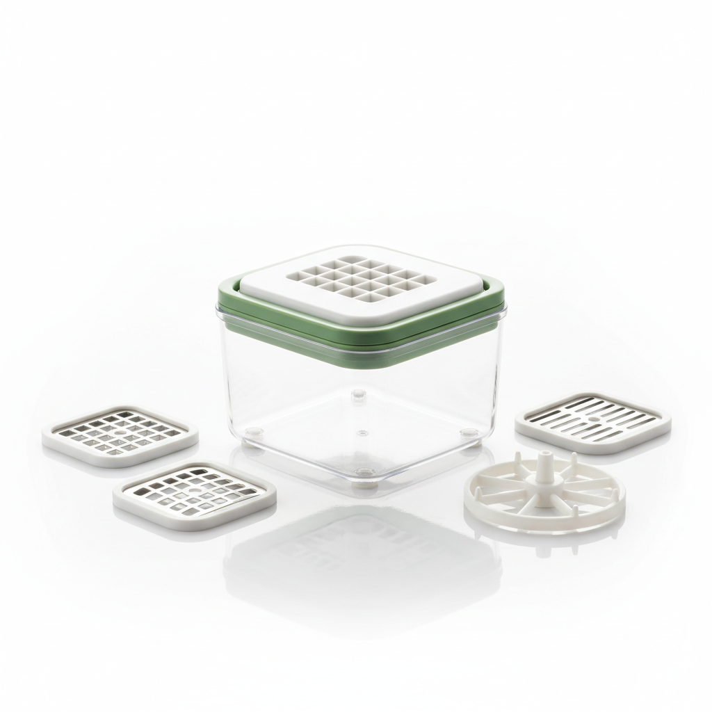 Manual multi-function vegetable chopper set with interchangeable blades and clear container on pure white background
