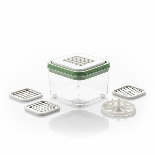 Manual multi-function vegetable chopper set with interchangeable blades and clear container on pure white background