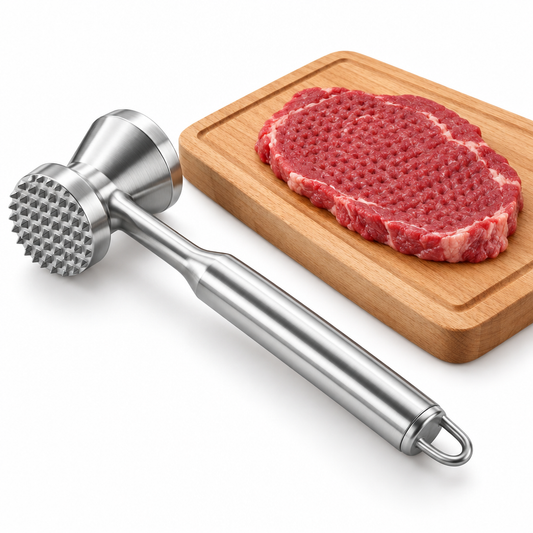 Dual-sided solid stainless steel meat tenderizer hammer beside a tenderized raw steak cutlet on a wooden prep board on pure white background