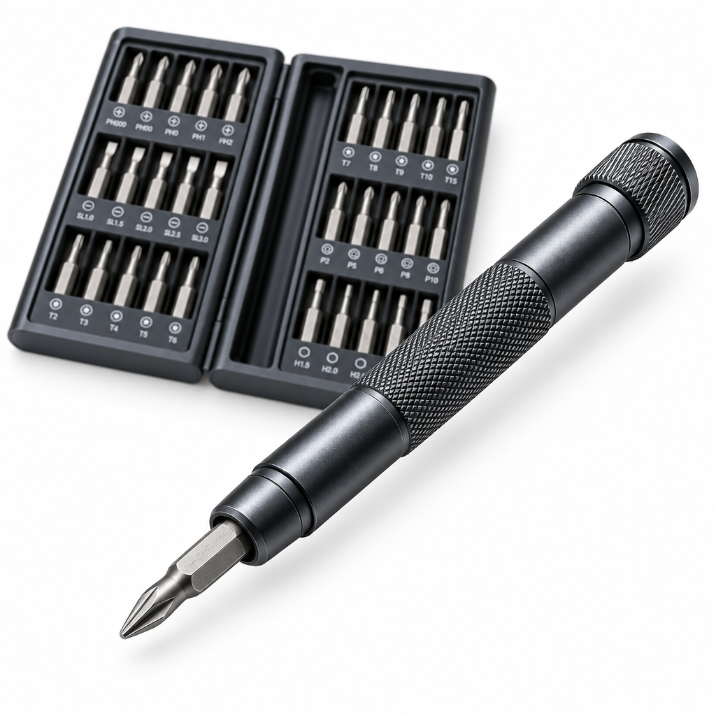 Macro close-up view of CNC knurled aluminum precision screwdriver handle with inserted bit and rotating swivel cap on a pure white background
