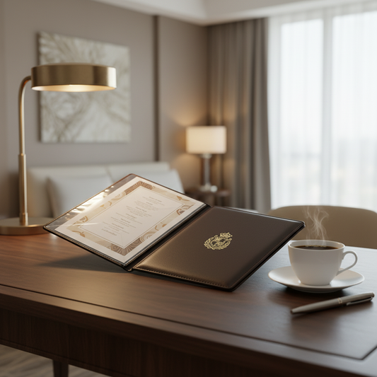 Hotel room service menu folder open on dark walnut writing desk in guestroom