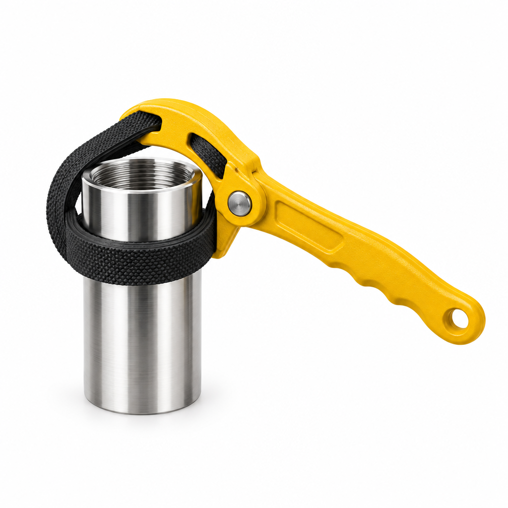 Heavy-duty strap wrench with yellow cast handle and rubber strap around metal cylinder on a pure white background with comfortable margins