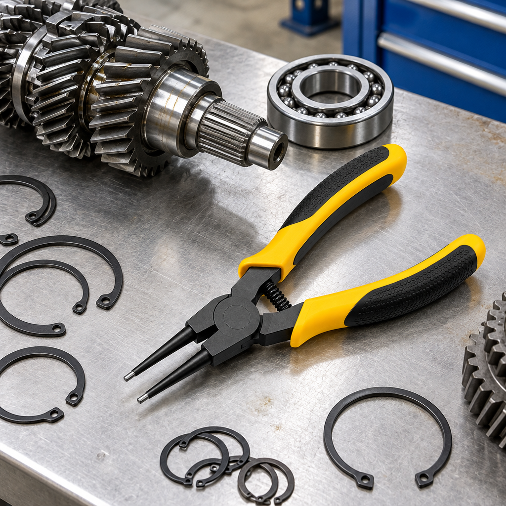 Straight-tip circlip pliers resting on an automotive workbench beside a gear shaft, bearing, and assorted steel retaining rings