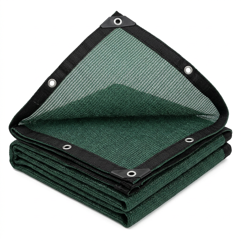Folded dark green garden shade net with corner draped open showing breathable porous mesh texture, reinforced border, and grommets on pure white background