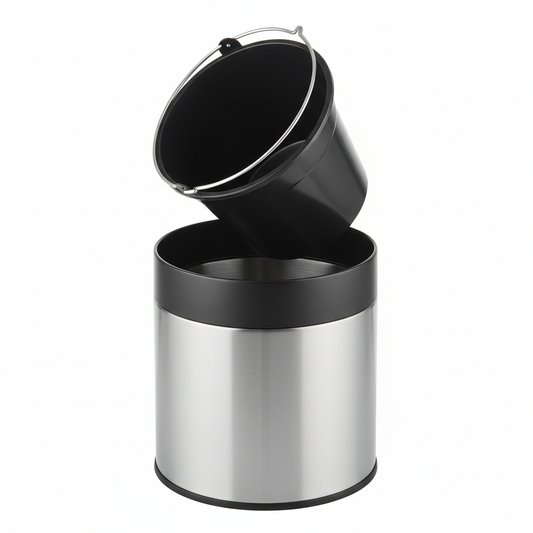 Hotel waste bin with removable inner bucket in brushed stainless steel on white background