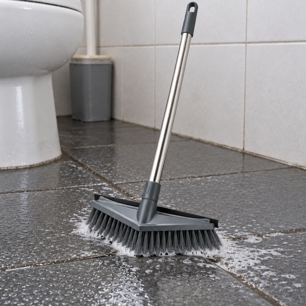 Floor scrub brush cleaning bathroom tile floor and grout lines with mild foam in Indonesia