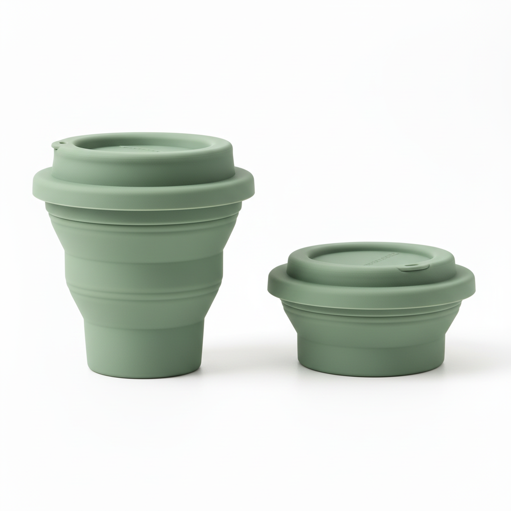 Collapsible silicone travel cup shown fully expanded and collapsed flat on pure white background