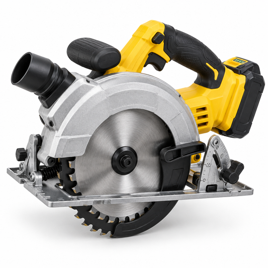 Cordless circular saw with adjustable steel base plate, aluminum blade guard, carbide blade, and lithium-ion battery on a pure white background