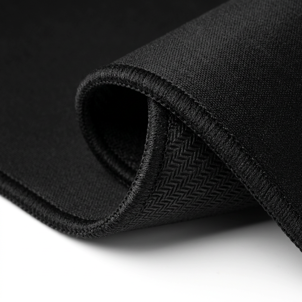 Detail close-up of promotional mouse pad showing 3mm thick anti-fray stitched border, micro-weave fabric surface, and non-slip rubber backing on white background