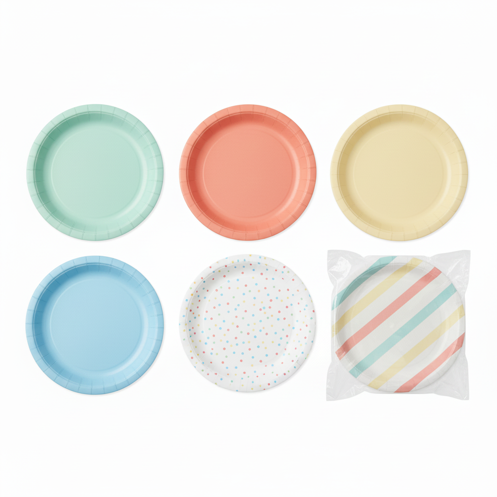 Assorted pastel and patterned disposable paper plates with one striped plate stack shown in transparent bulk-friendly packaging.
