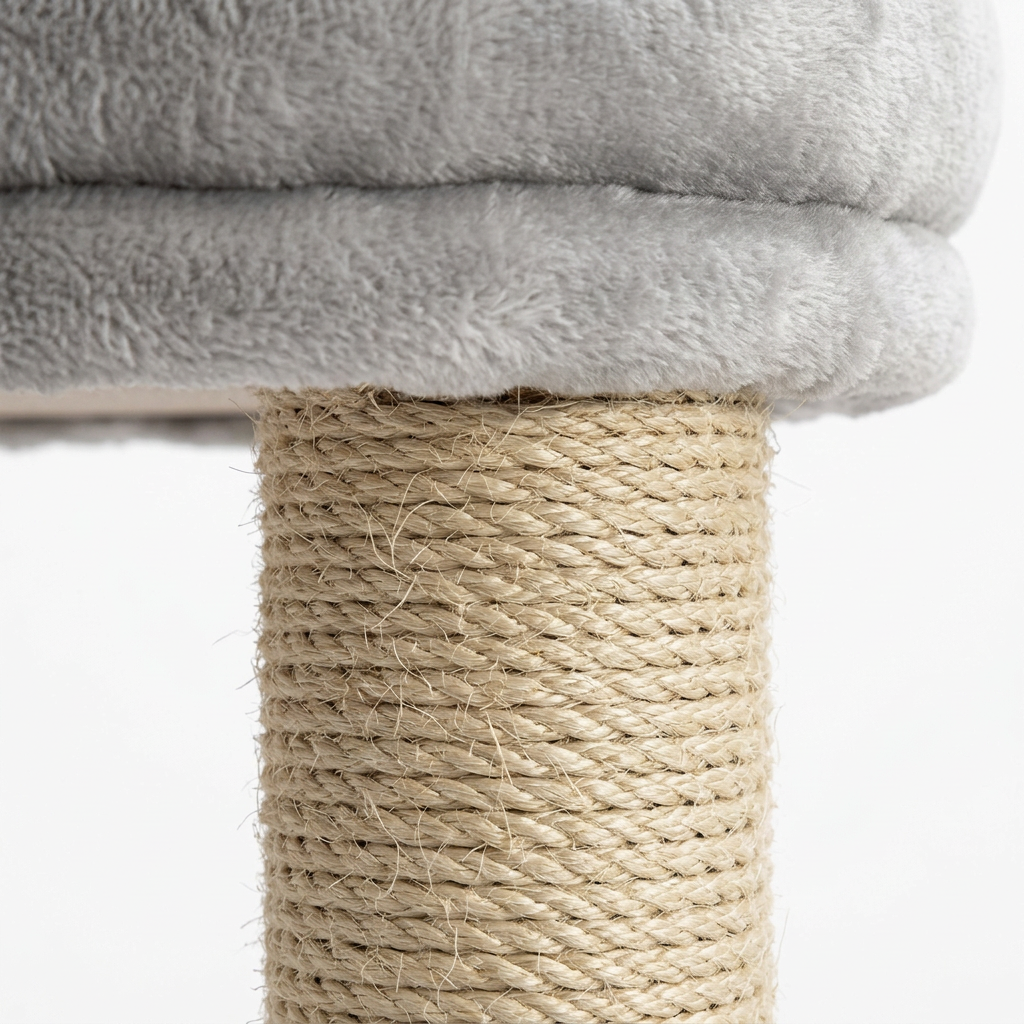 Close-up detail of tightly wound natural sisal scratching rope and plush upholstered platform connection