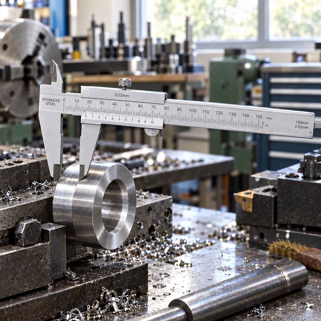 Mechanical vernier caliper measuring a turned metal collar component on a lathe machine workbench
