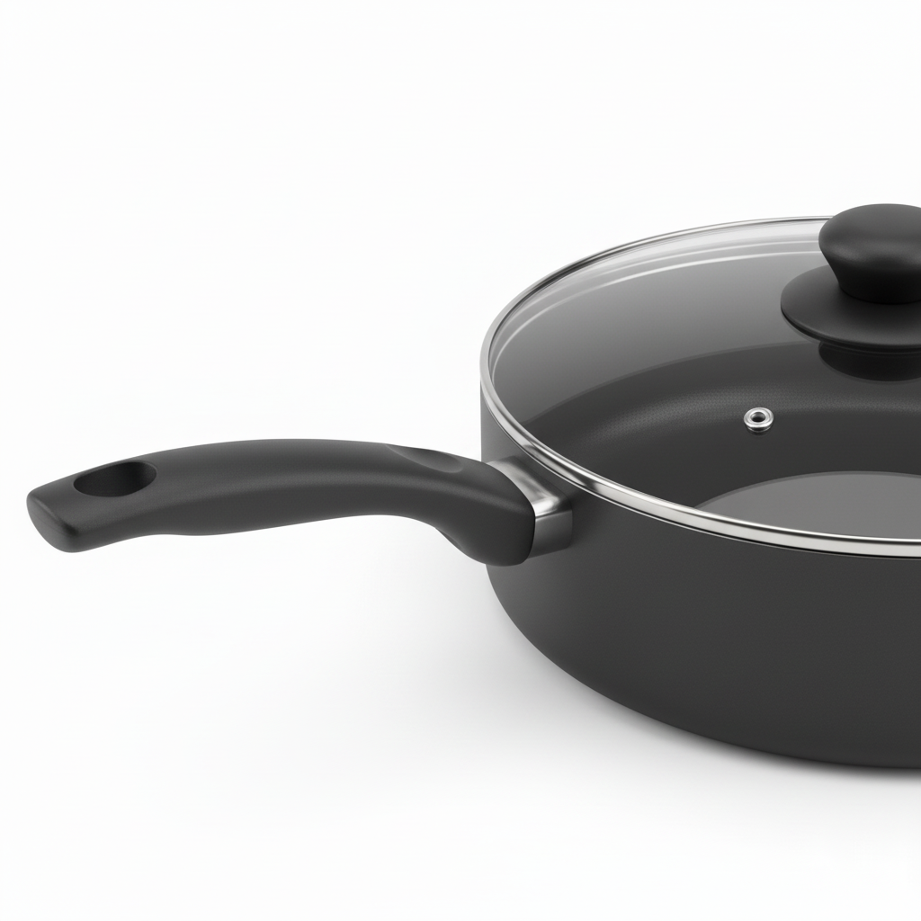 Macro detail of ergonomic handle, deep vertical wall, tempered glass lid, and steam vent