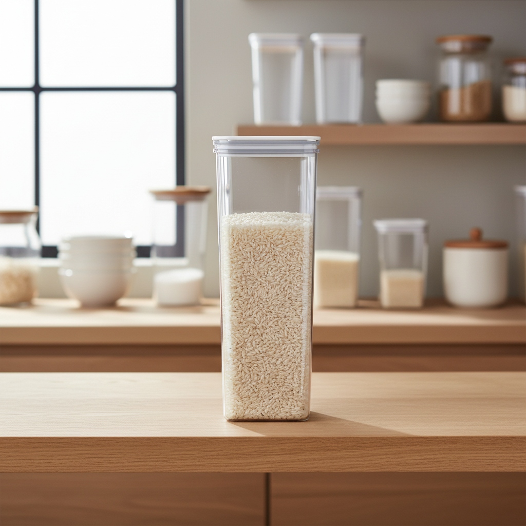 Airtight grain storage container filled with white rice standing on wooden pantry shelf