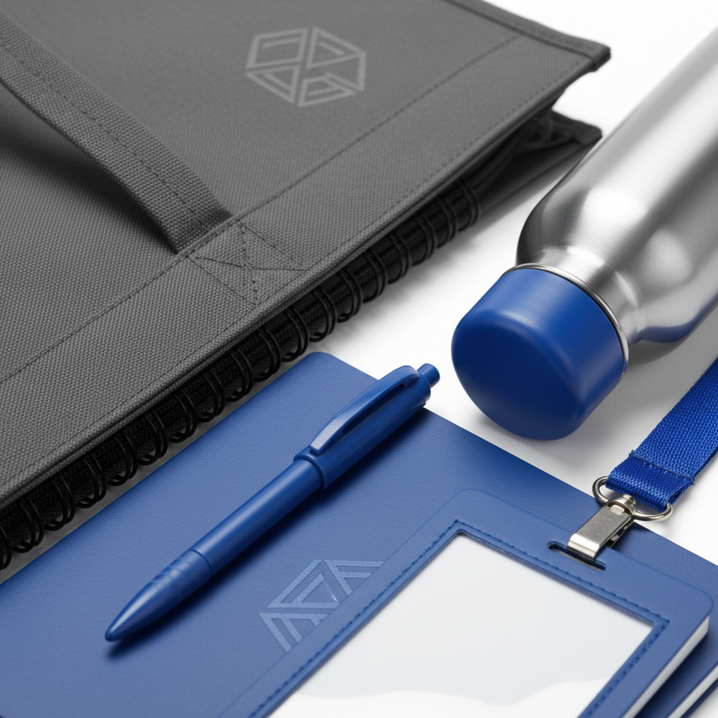 Extreme close-up of tote fabric and handle stitching, notebook binding, pen, bottle finish, badge holder, lanyard clip and pouch zipper
