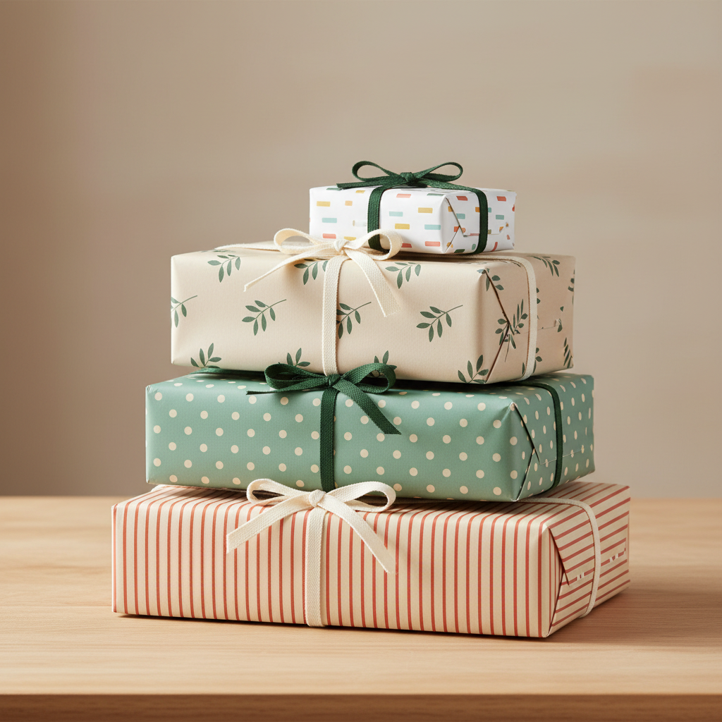 Four simple gift boxes wrapped in coordinated stripe, dot, botanical leaf and geometric confetti papers with plain cream and green ribbons.