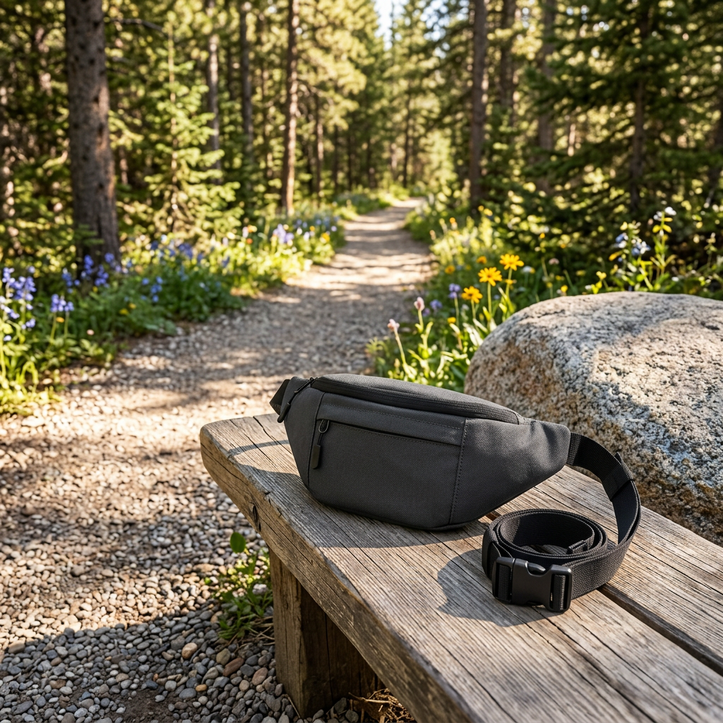 Outdoor sports waist pack resting on a rustic trailside bench beside a hiking trail