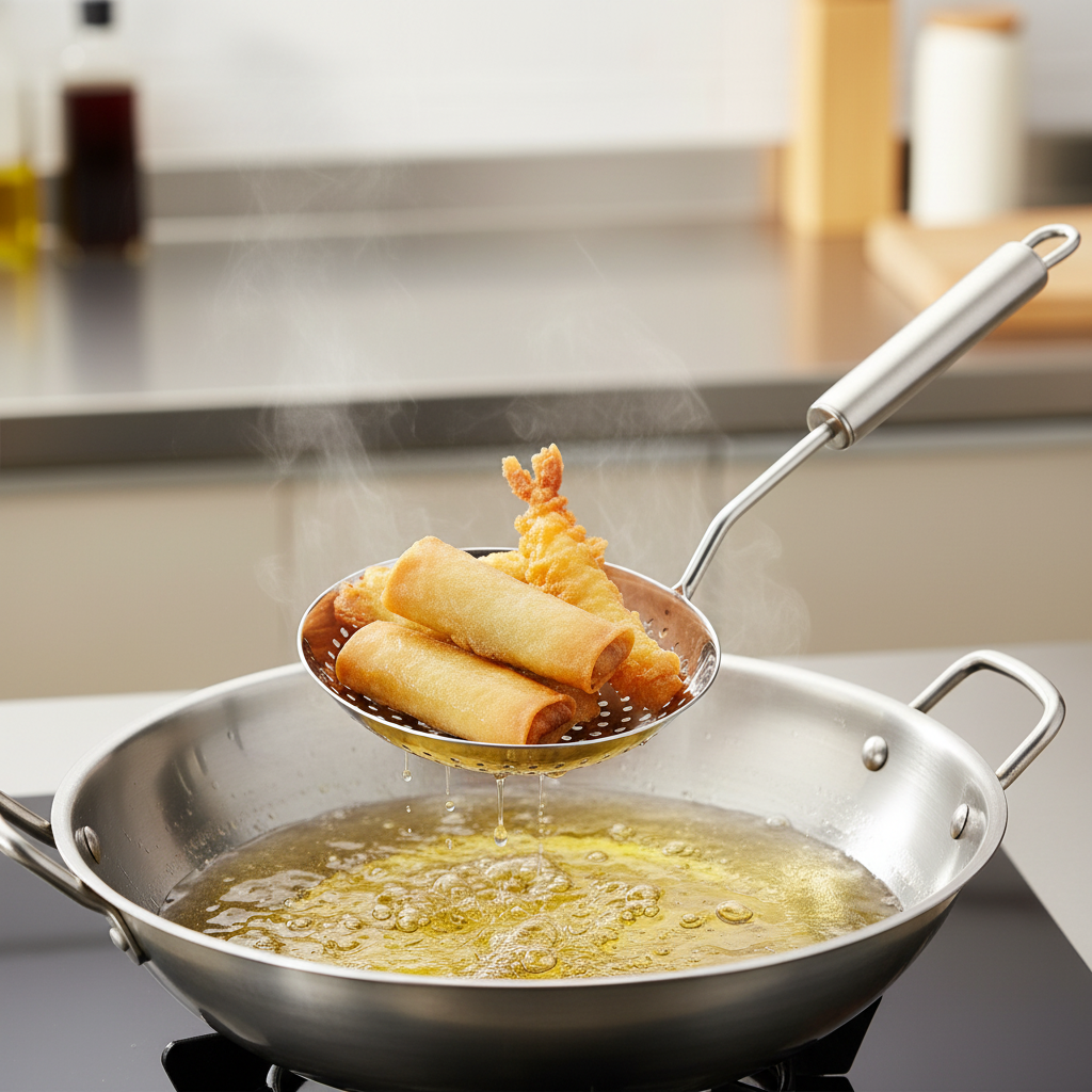Stainless steel kitchen skimmer lifting crispy fried food over hot oil in wok