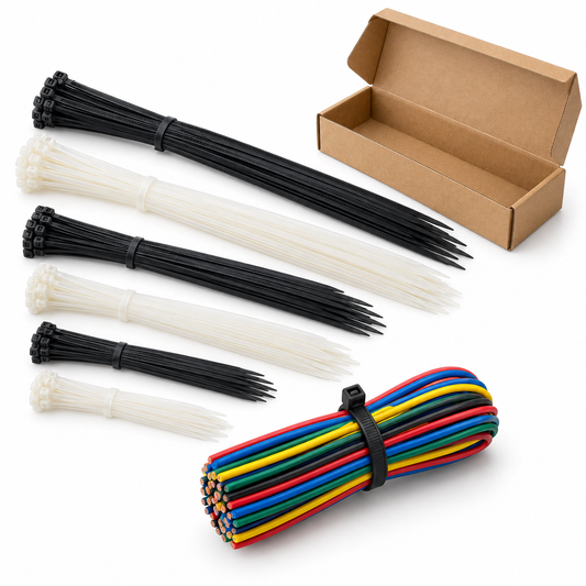 Assortment of black and white self-locking nylon cable ties arranged by length with a cinched bundle of electrical wire cables on a pure white background