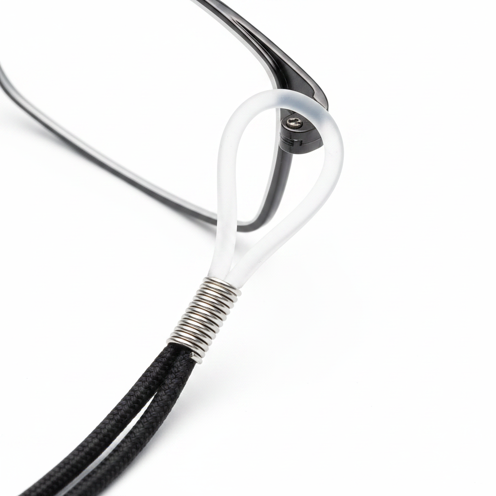 Macro detail of clear silicone loop end and steel coil spring gripped to temple arm