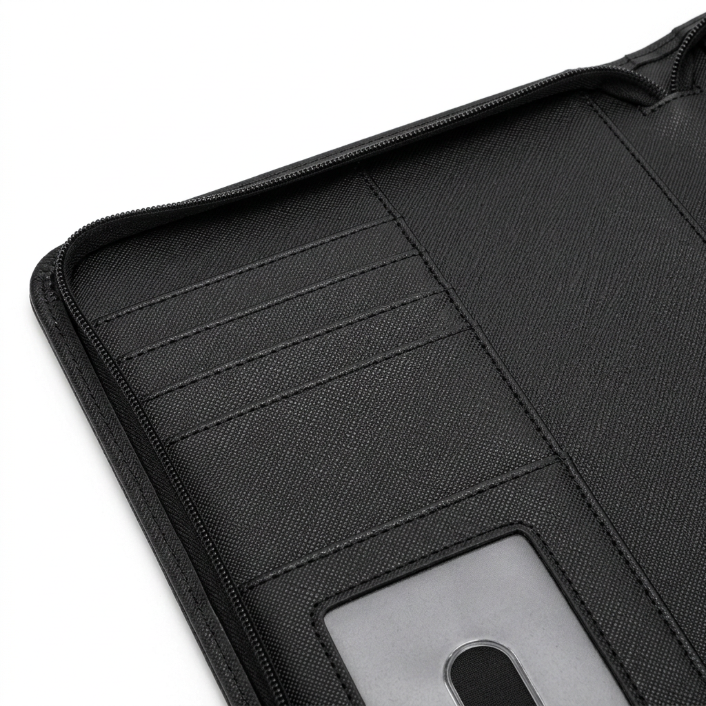 Detail close-up of leatherette portfolio folder showing card slots, document flap, and perimeter stitching on white background