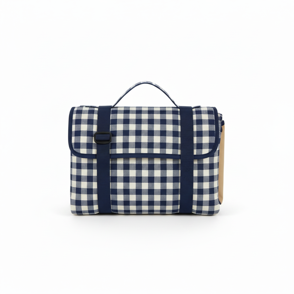 Navy blue and cream gingham picnic blanket folded into a compact handbag-style bundle with integrated navy straps and carry handle.